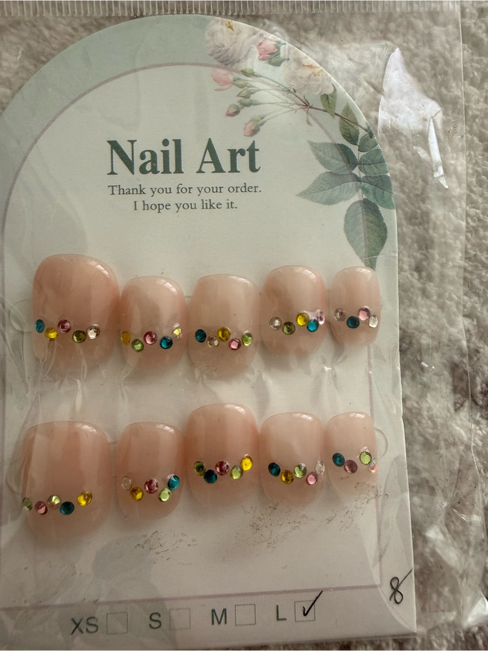 Nude- Pink Press-On Nails with Multicolor Rhinestones Med-Large